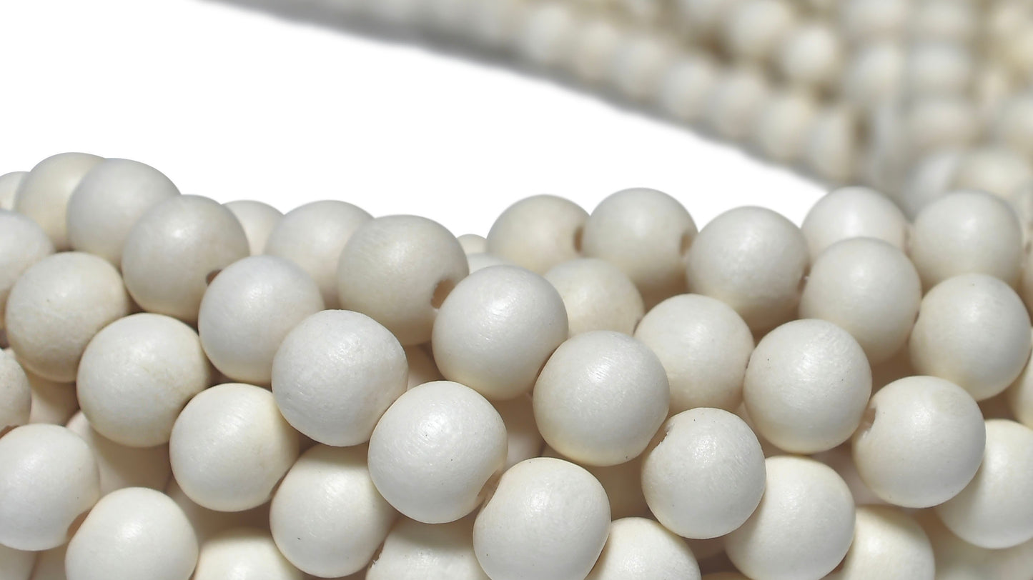 Bleached Cream White Wood Beads – Polished – 16″ Strand